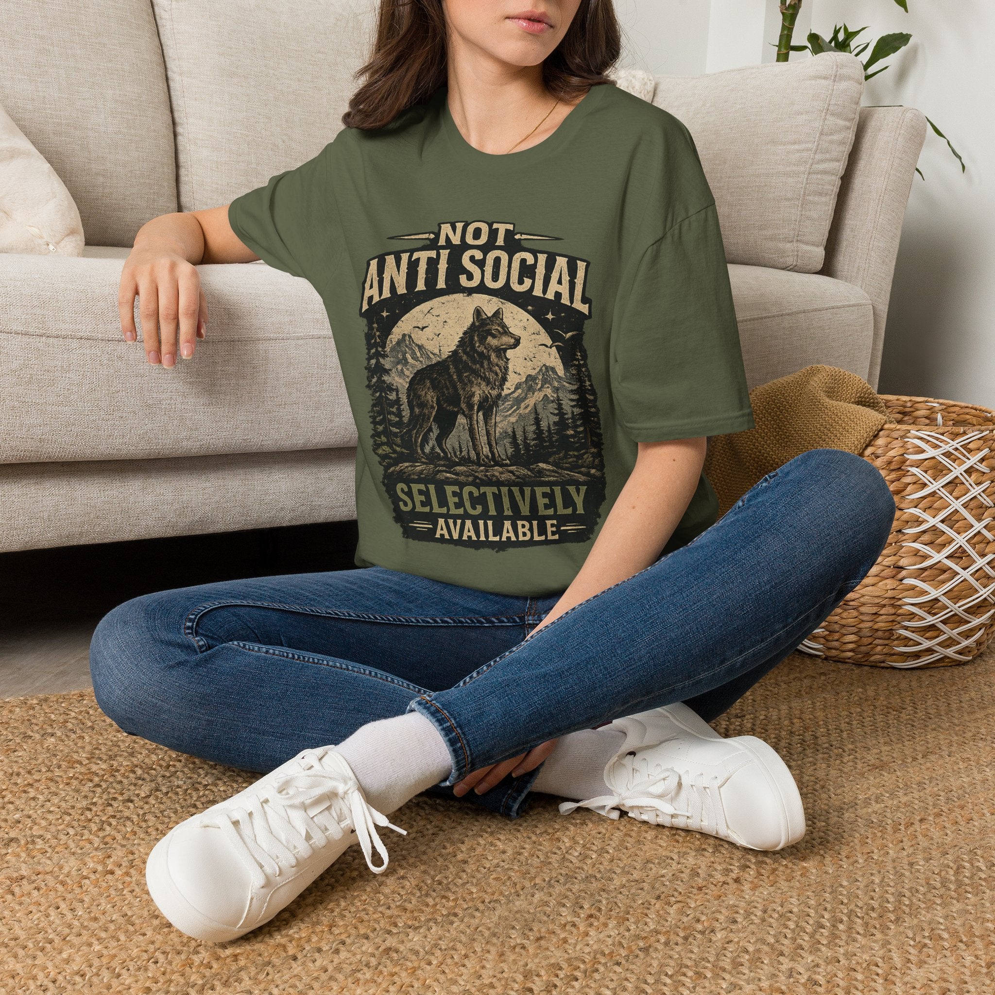 Not Anti Social Wolf T-Shirt — "Selectively Available" Graphic Tee for Introverts & Nature Lovers