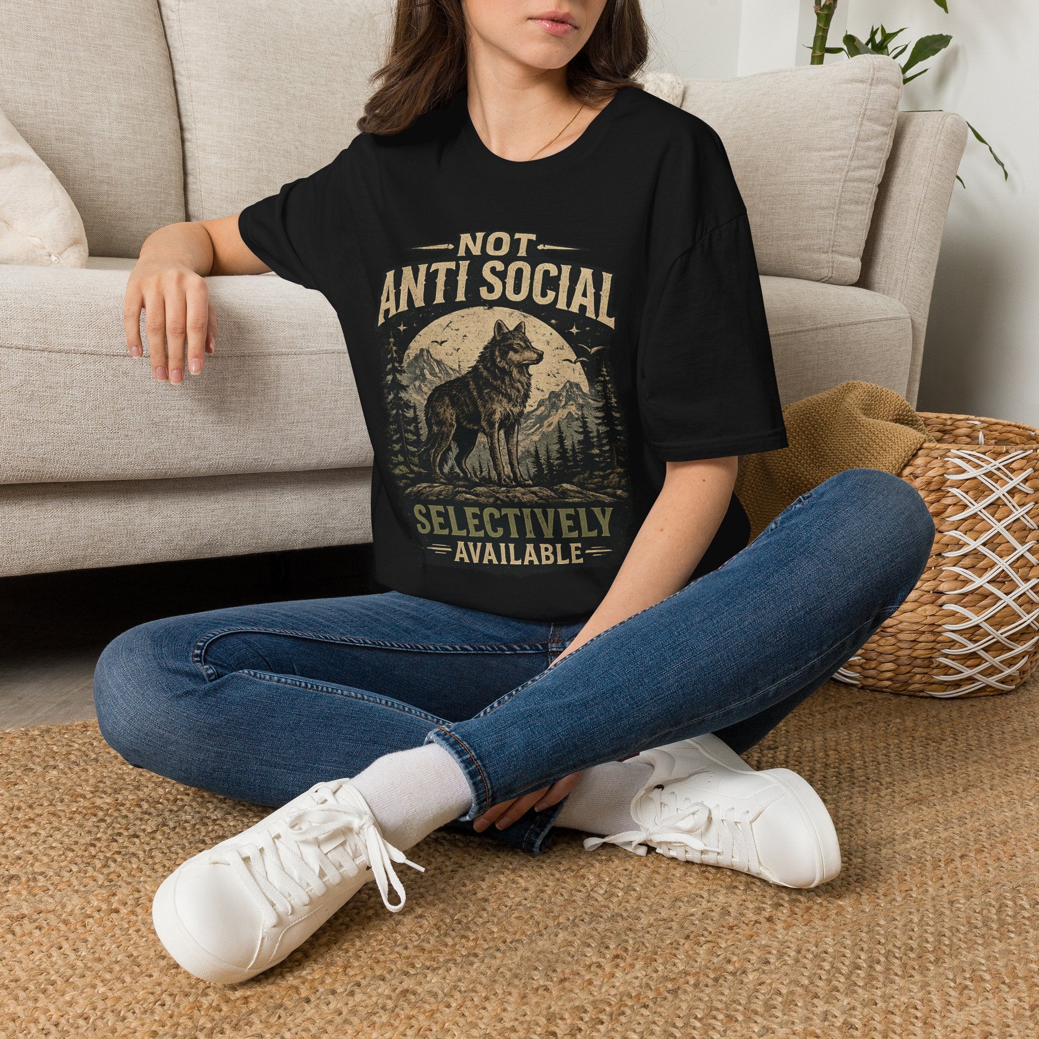 Not Anti Social Wolf T-Shirt — "Selectively Available" Graphic Tee for Introverts & Nature Lovers