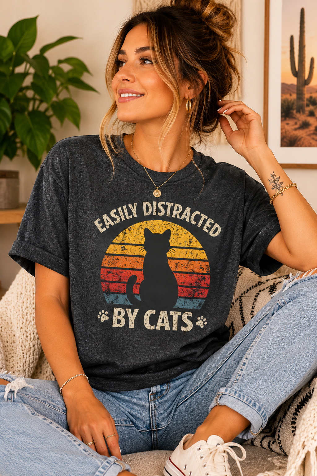 Easily Distracted By Cats Shirt | Vintage Cat Lover Unisex Tee