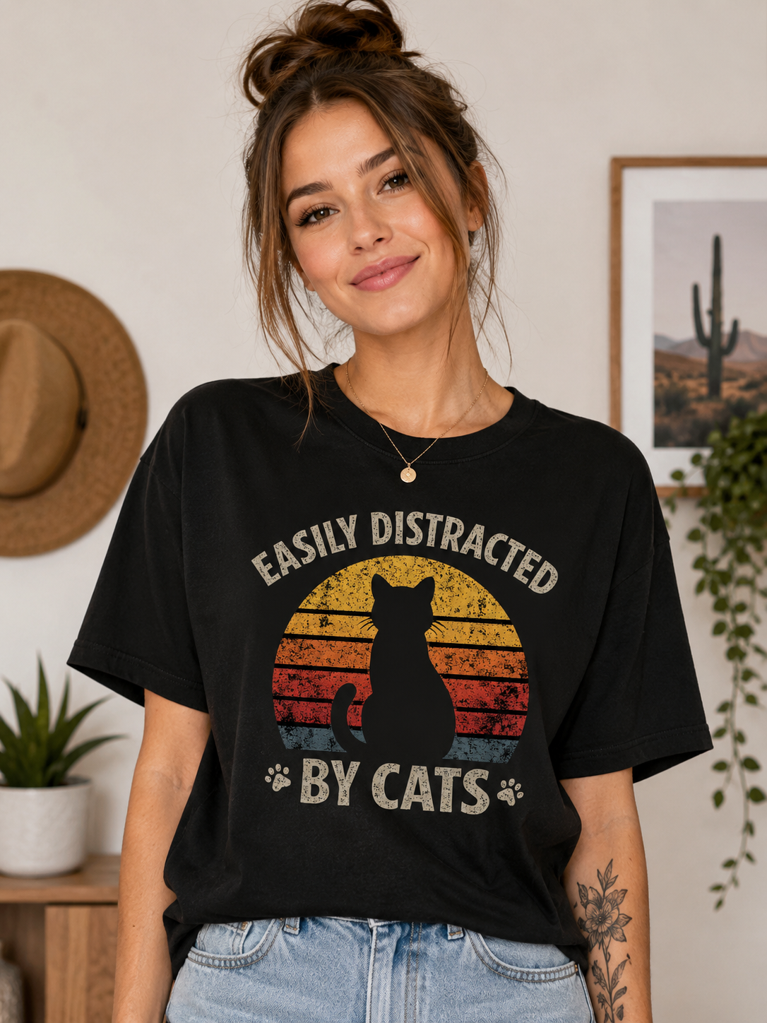 Easily Distracted By Cats Shirt | Vintage Cat Lover Unisex Tee