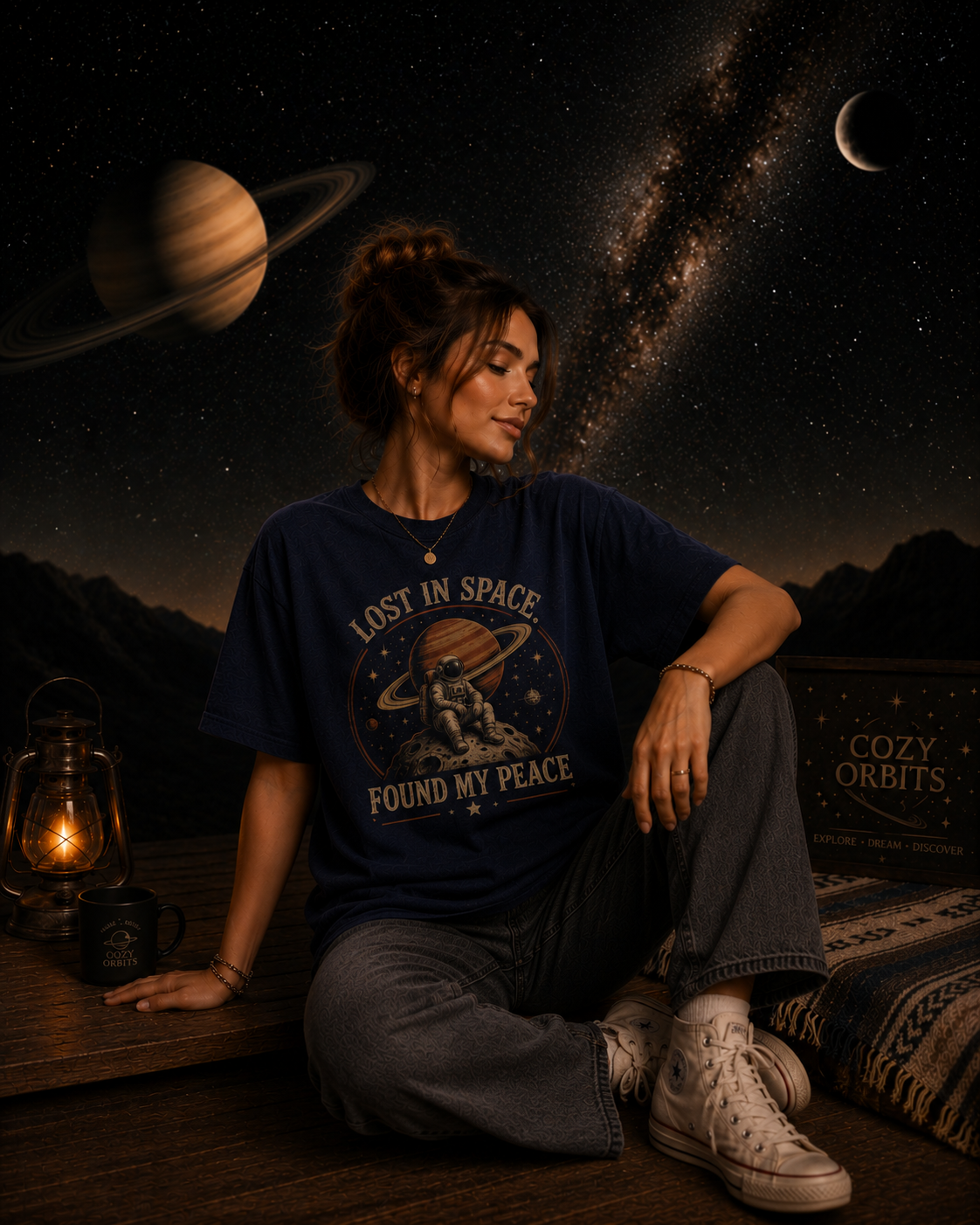 Lost In Space Found My Peace Vintage Astronaut Graphic T-Shirt | Retro Saturn Space Tee