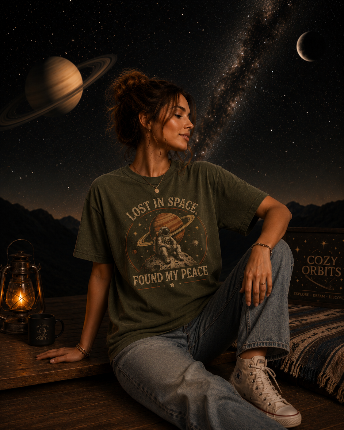 Lost In Space Found My Peace Vintage Astronaut Graphic T-Shirt | Retro Saturn Space Tee