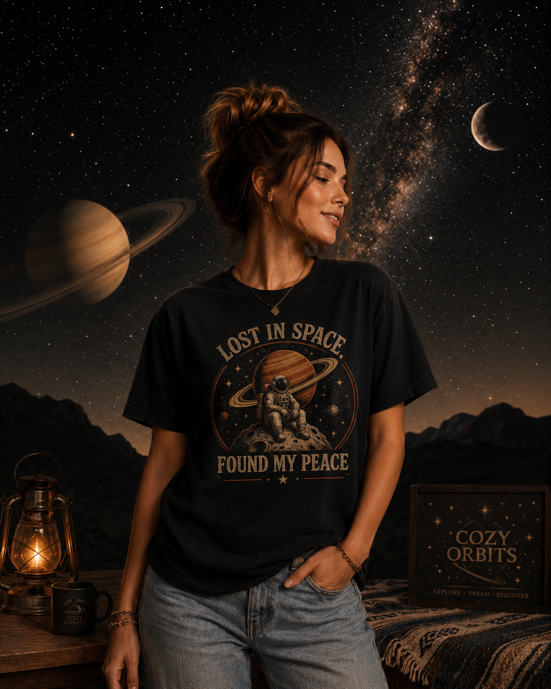 Lost In Space Found My Peace Vintage Astronaut Graphic T-Shirt | Retro Saturn Space Tee