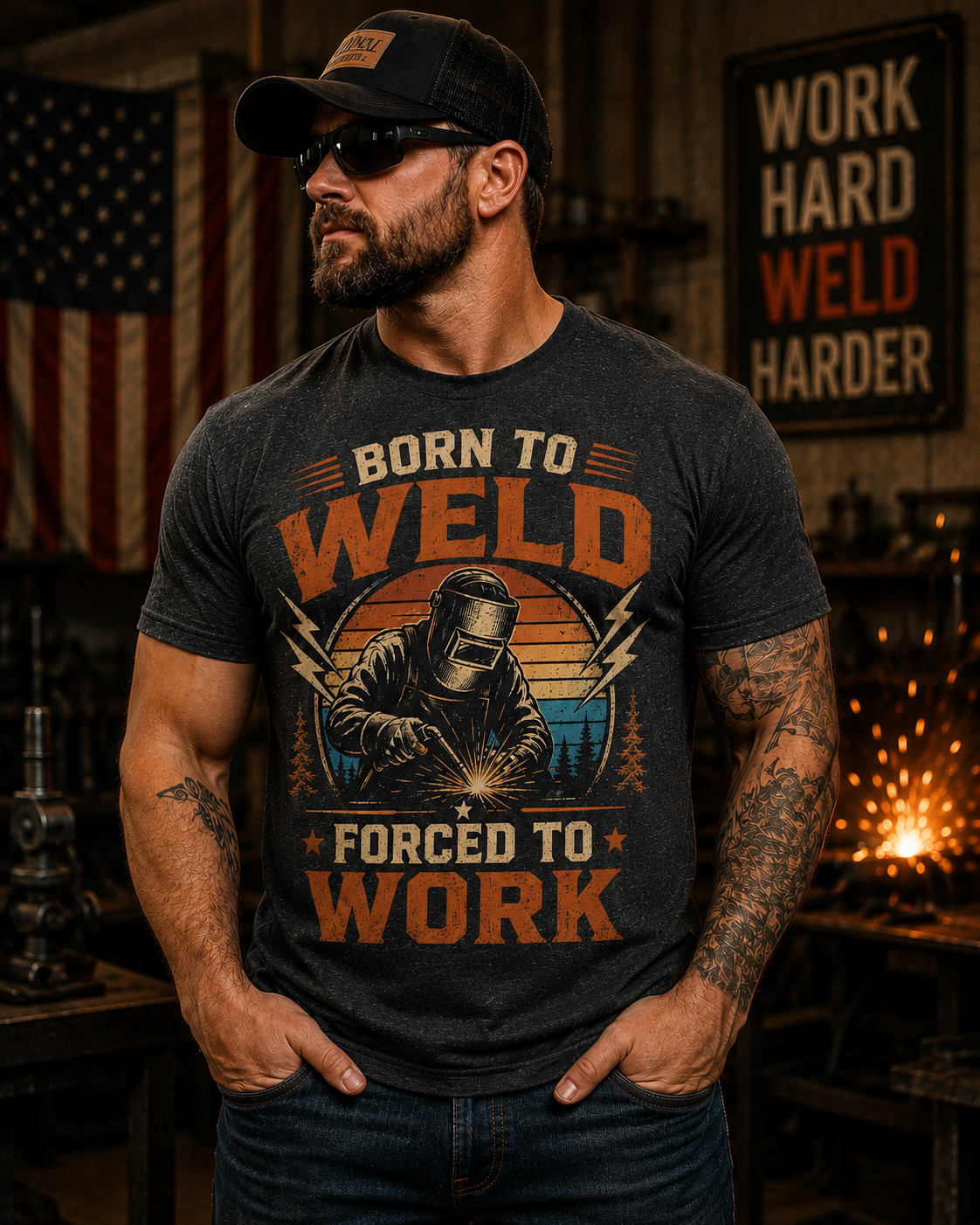 Born To Weld Forced To Work T-Shirt | Vintage Welder Graphic Tee