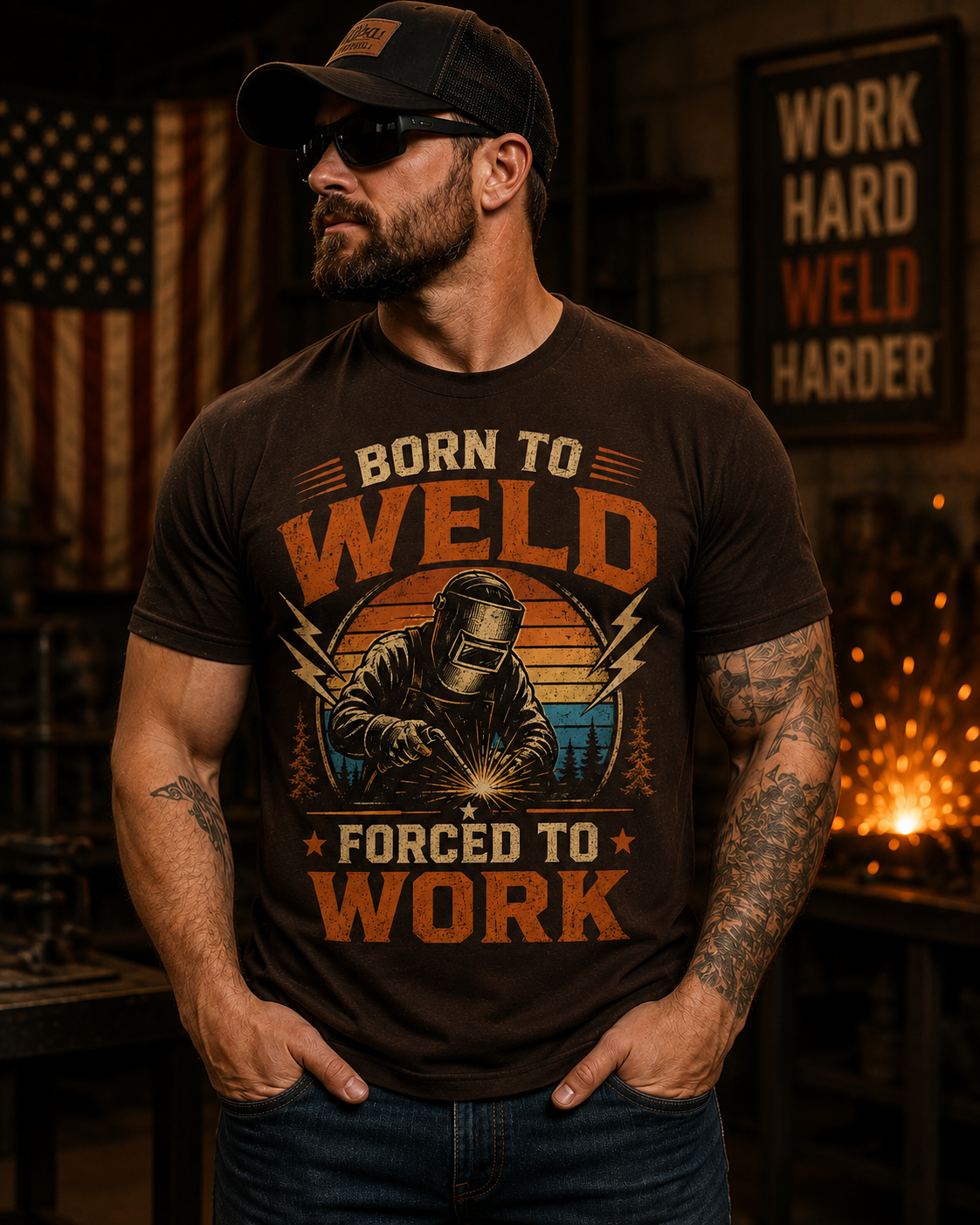 Born To Weld Forced To Work T-Shirt | Vintage Welder Graphic Tee