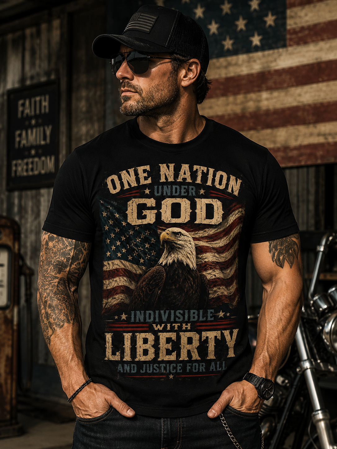 One Nation Under God Patriotic Eagle T-Shirt | Faith Family Freedom American Flag Tee