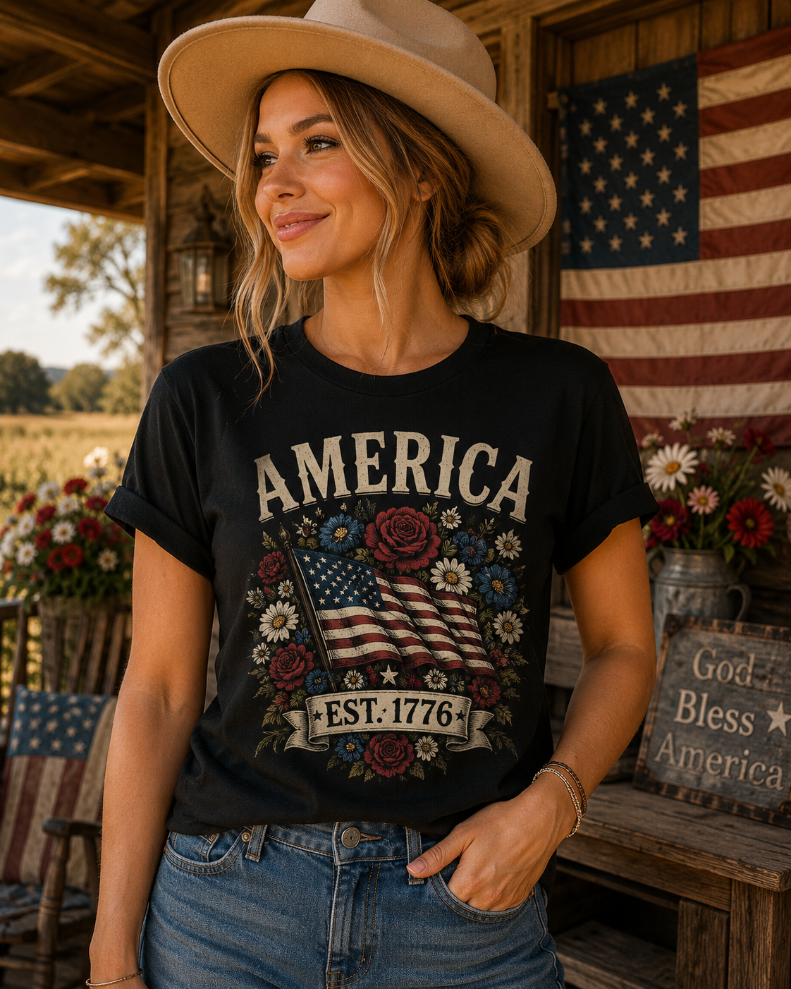 America Est. 1776 Patriotic Floral T-Shirt | Vintage USA Pride Graphic Tee for Women | Fourth of July Americana Shirt