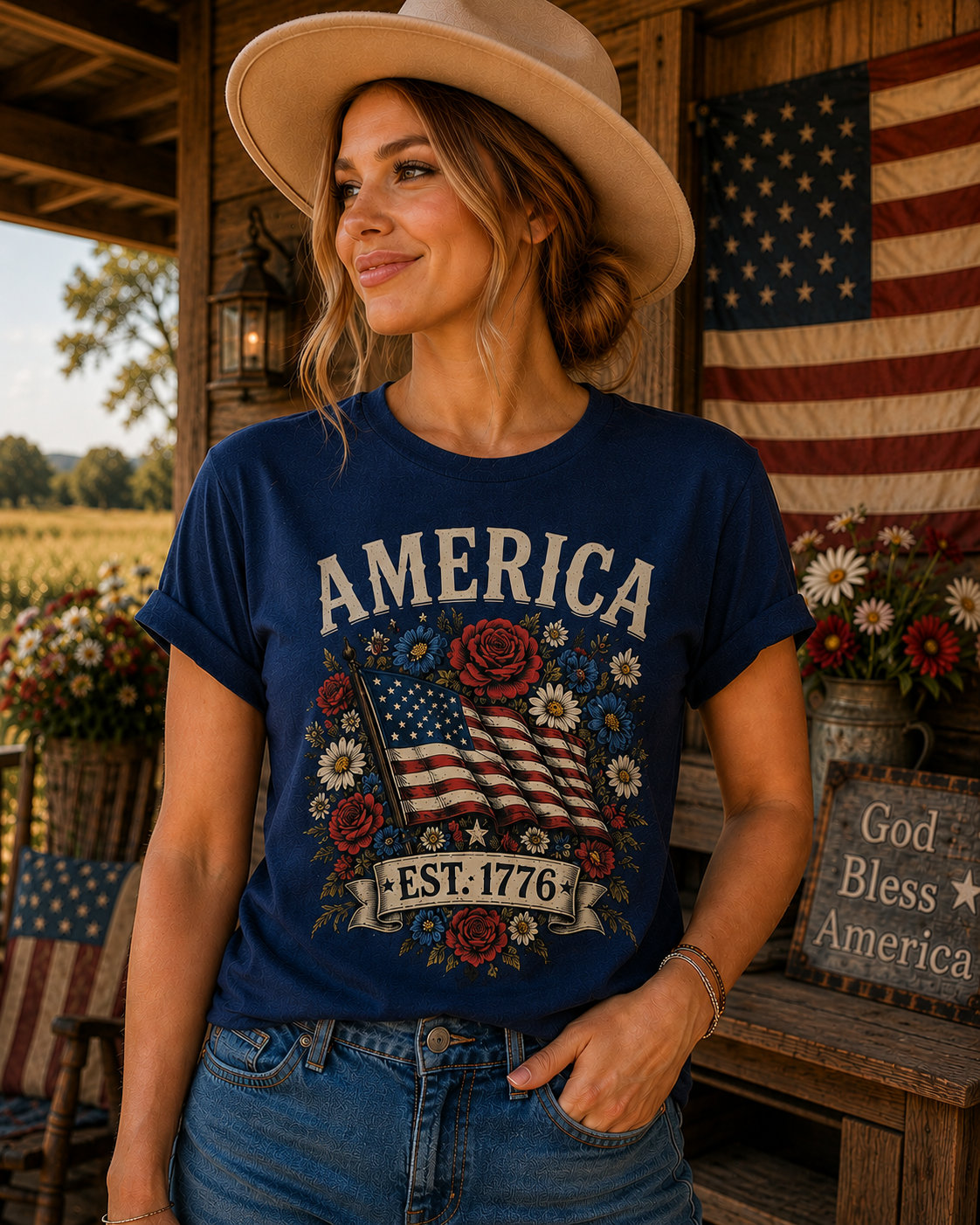 America Est. 1776 Patriotic Floral T-Shirt | Vintage USA Pride Graphic Tee for Women | Fourth of July Americana Shirt