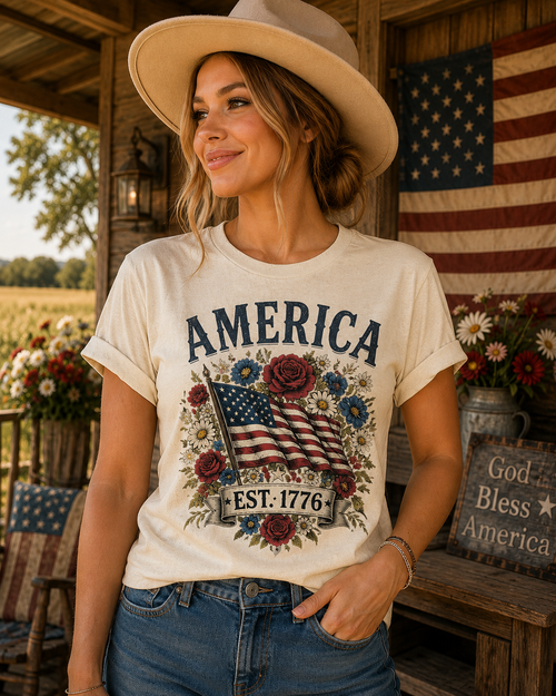 America Est. 1776 Patriotic Floral T-Shirt | Vintage USA Pride Graphic Tee for Women | Fourth of July Americana Shirt