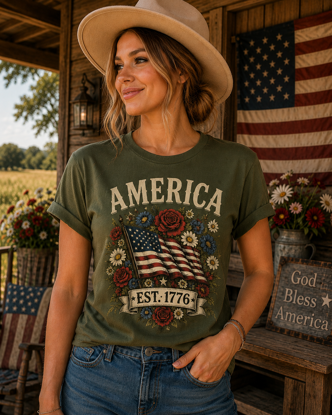 America Est. 1776 Patriotic Floral T-Shirt | Vintage USA Pride Graphic Tee for Women | Fourth of July Americana Shirt