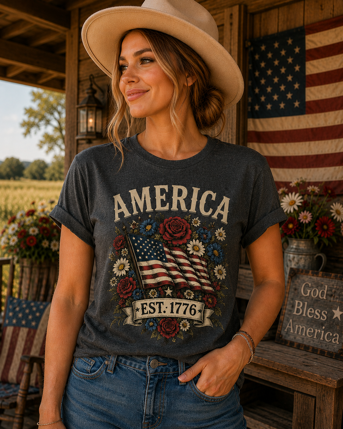 America Est. 1776 Patriotic Floral T-Shirt | Vintage USA Pride Graphic Tee for Women | Fourth of July Americana Shirt