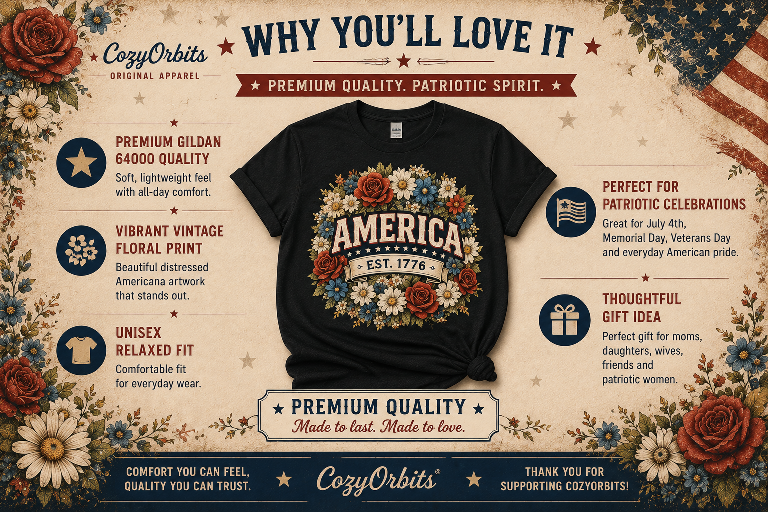 America Est. 1776 Patriotic Floral T-Shirt | Vintage USA Pride Graphic Tee for Women | Fourth of July Americana Shirt