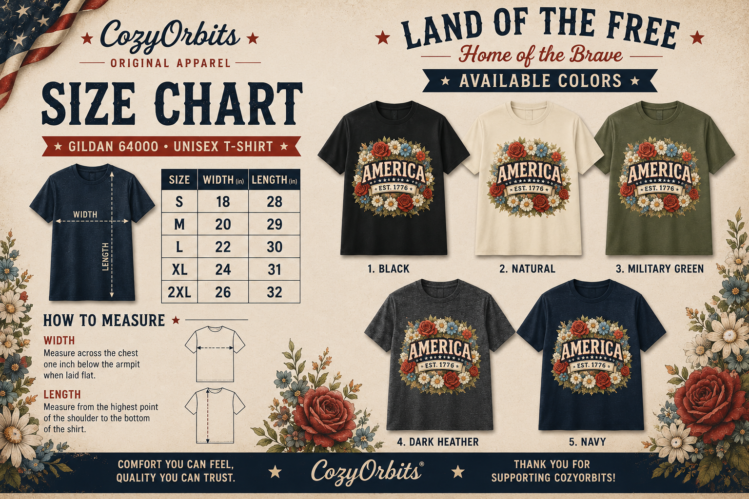 America Est. 1776 Patriotic Floral T-Shirt | Vintage USA Pride Graphic Tee for Women | Fourth of July Americana Shirt