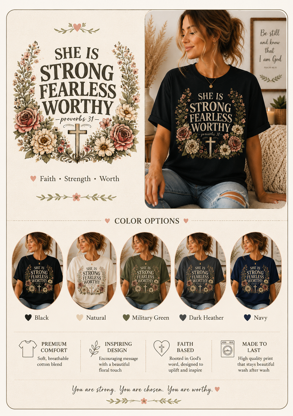 She Is Strong Fearless Worthy Shirt | Proverbs 31 Christian Floral T-Shirt for Women | Faith Inspired Bible Verse Tee
