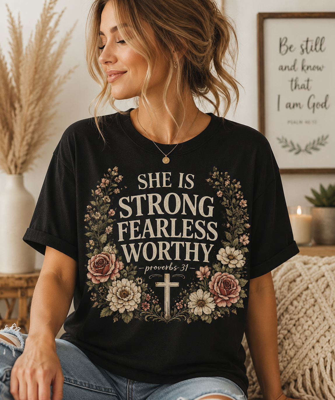 She Is Strong Fearless Worthy Shirt | Proverbs 31 Christian Floral T-Shirt for Women | Faith Inspired Bible Verse Tee