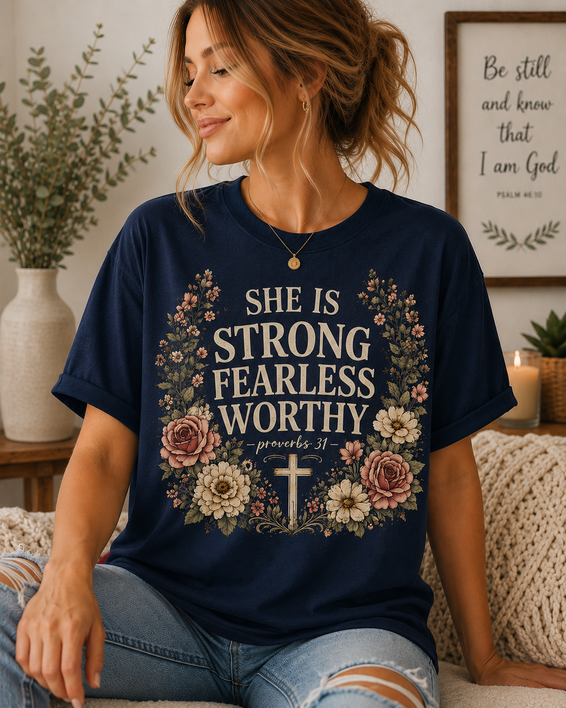 She Is Strong Fearless Worthy Shirt | Proverbs 31 Christian Floral T-Shirt for Women | Faith Inspired Bible Verse Tee