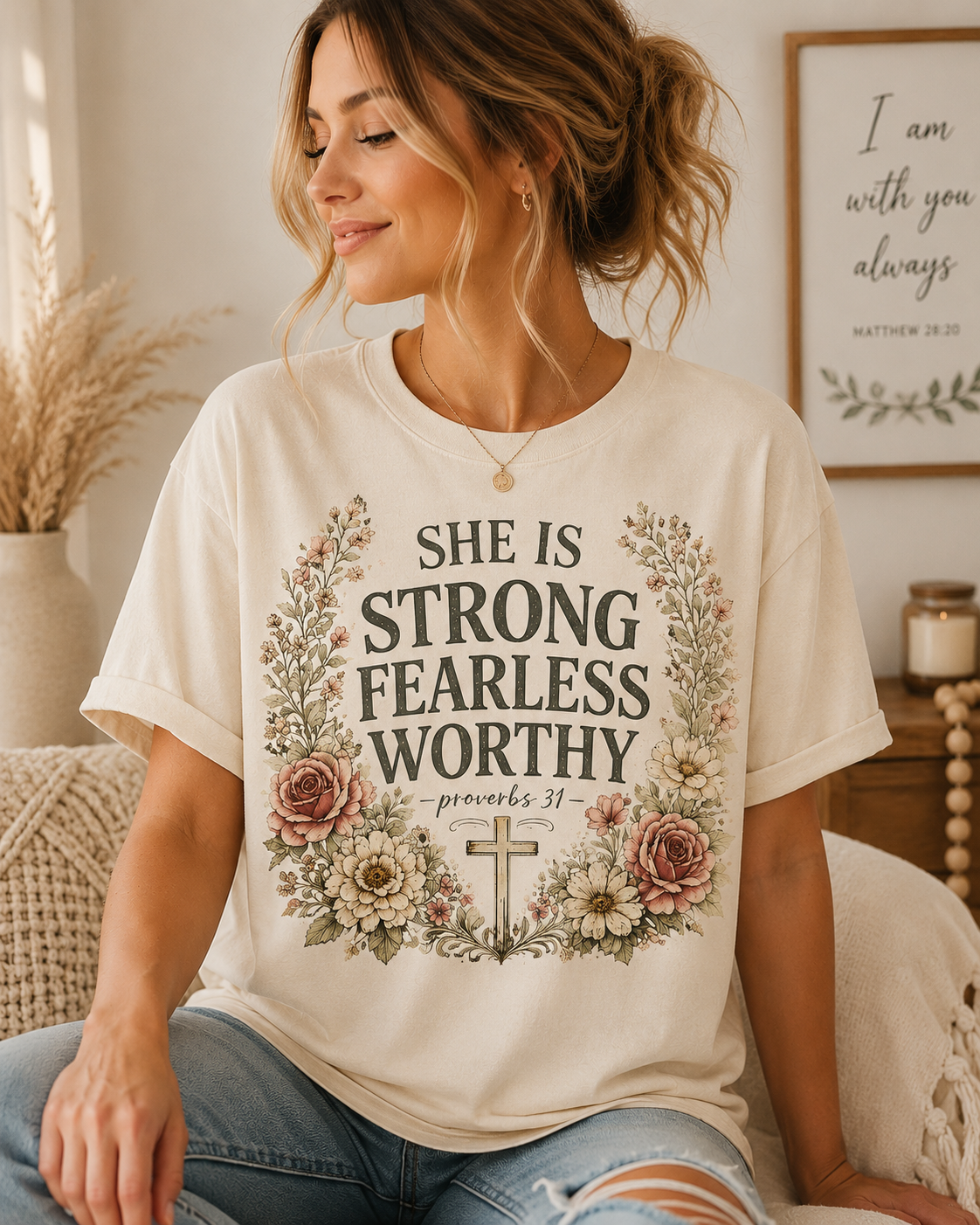 She Is Strong Fearless Worthy Shirt | Proverbs 31 Christian Floral T-Shirt for Women | Faith Inspired Bible Verse Tee