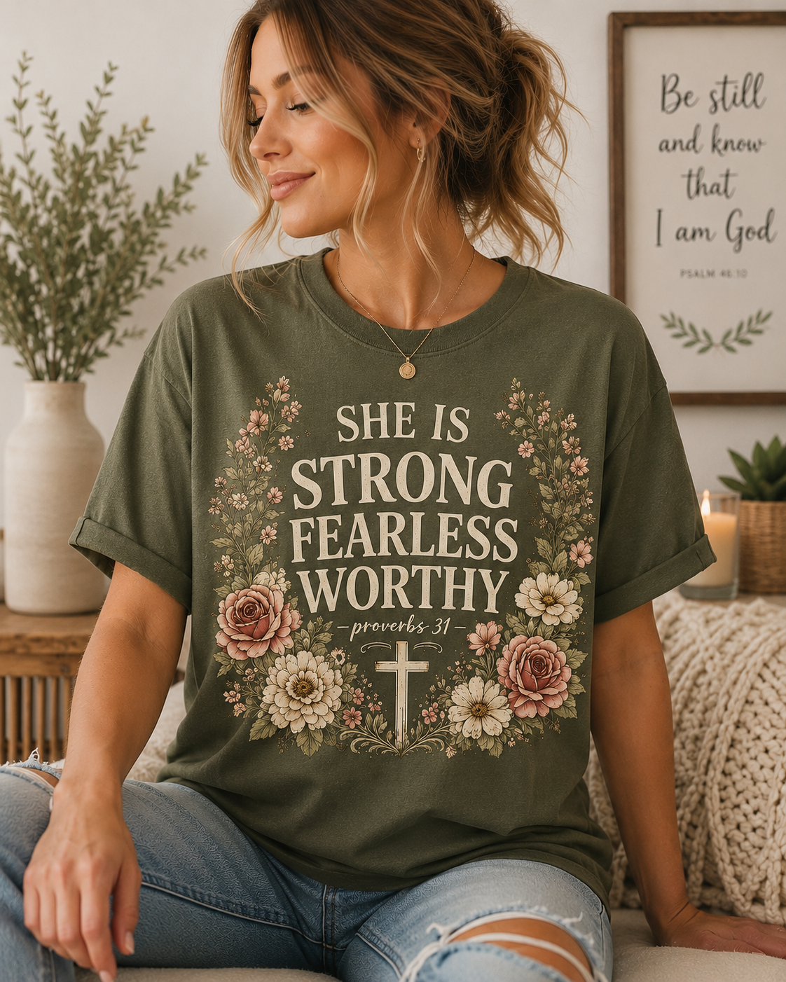 She Is Strong Fearless Worthy Shirt | Proverbs 31 Christian Floral T-Shirt for Women | Faith Inspired Bible Verse Tee