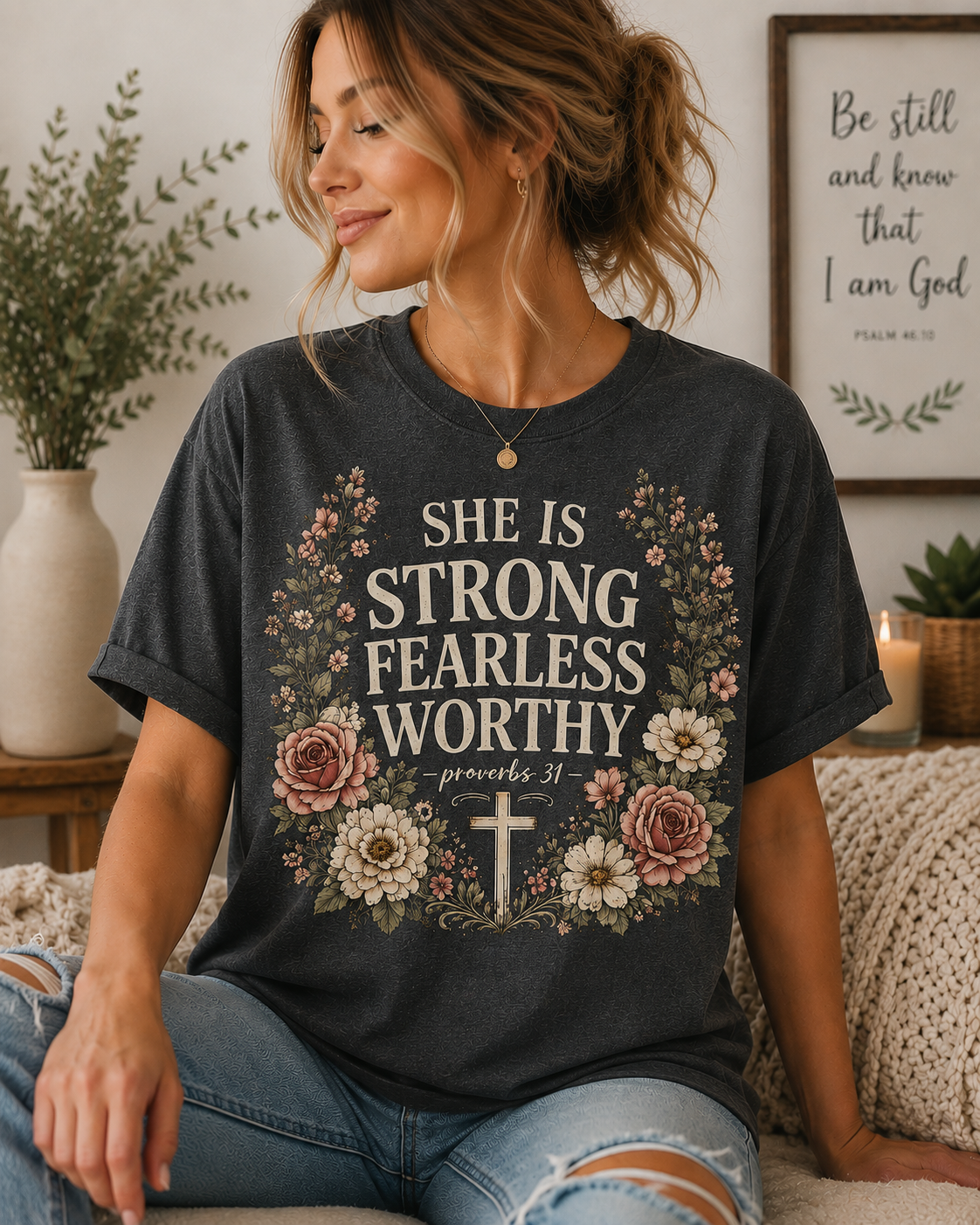 She Is Strong Fearless Worthy Shirt | Proverbs 31 Christian Floral T-Shirt for Women | Faith Inspired Bible Verse Tee