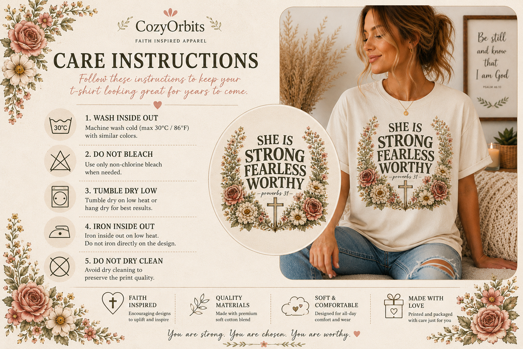She Is Strong Fearless Worthy Shirt | Proverbs 31 Christian Floral T-Shirt for Women | Faith Inspired Bible Verse Tee