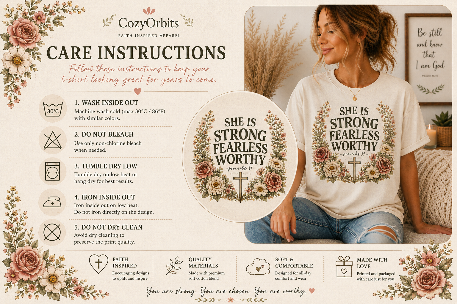 She Is Strong Fearless Worthy Shirt | Proverbs 31 Christian Floral T-Shirt for Women | Faith Inspired Bible Verse Tee