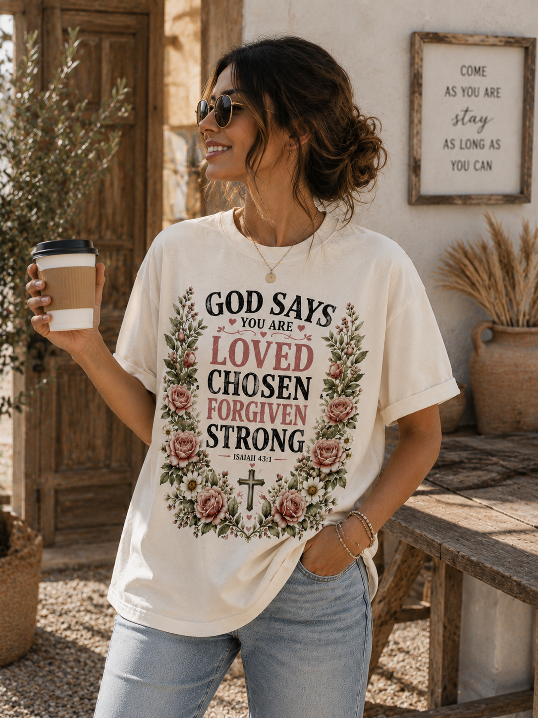 God Says You Are Loved Chosen Forgiven Strong Shirt | Isaiah 43:1 Christian Floral T-Shirt for Women | Faith Inspired Graphic Tee
