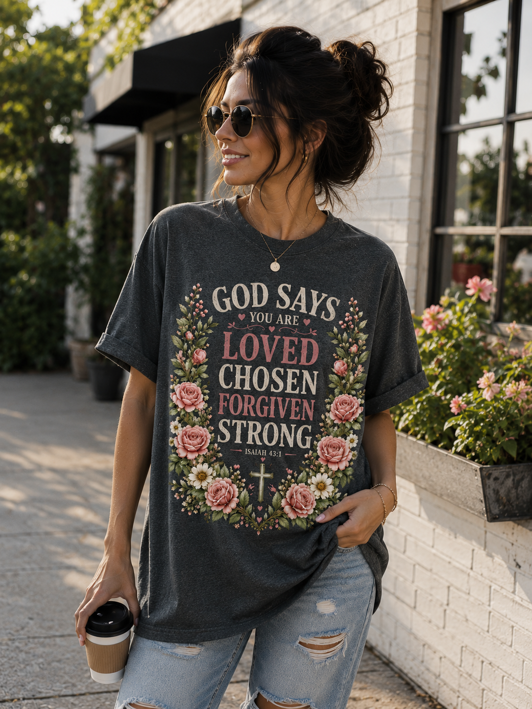 God Says You Are Loved Chosen Forgiven Strong Shirt | Isaiah 43:1 Christian Floral T-Shirt for Women | Faith Inspired Graphic Tee