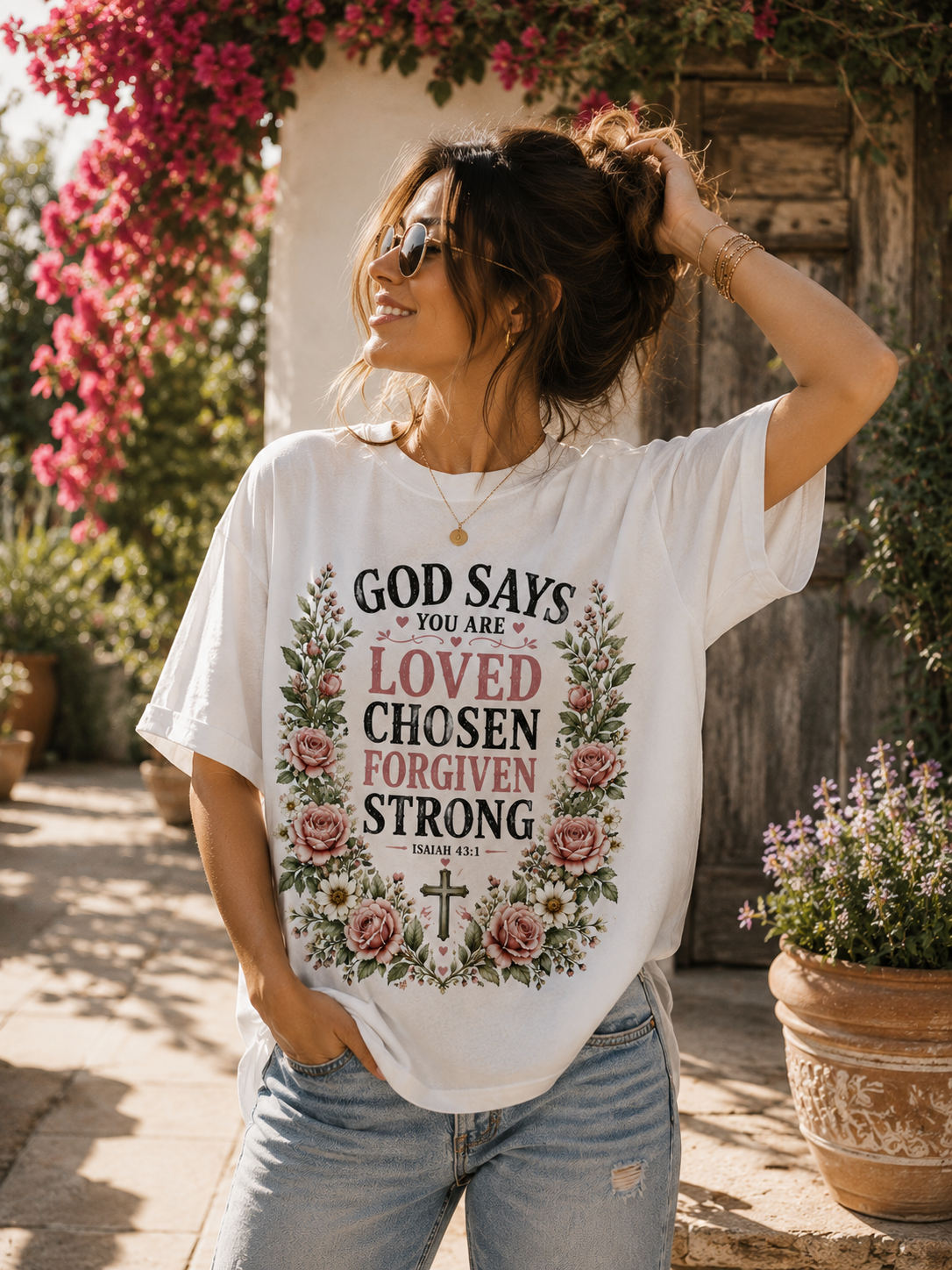 God Says You Are Loved Chosen Forgiven Strong Shirt | Isaiah 43:1 Christian Floral T-Shirt for Women | Faith Inspired Graphic Tee