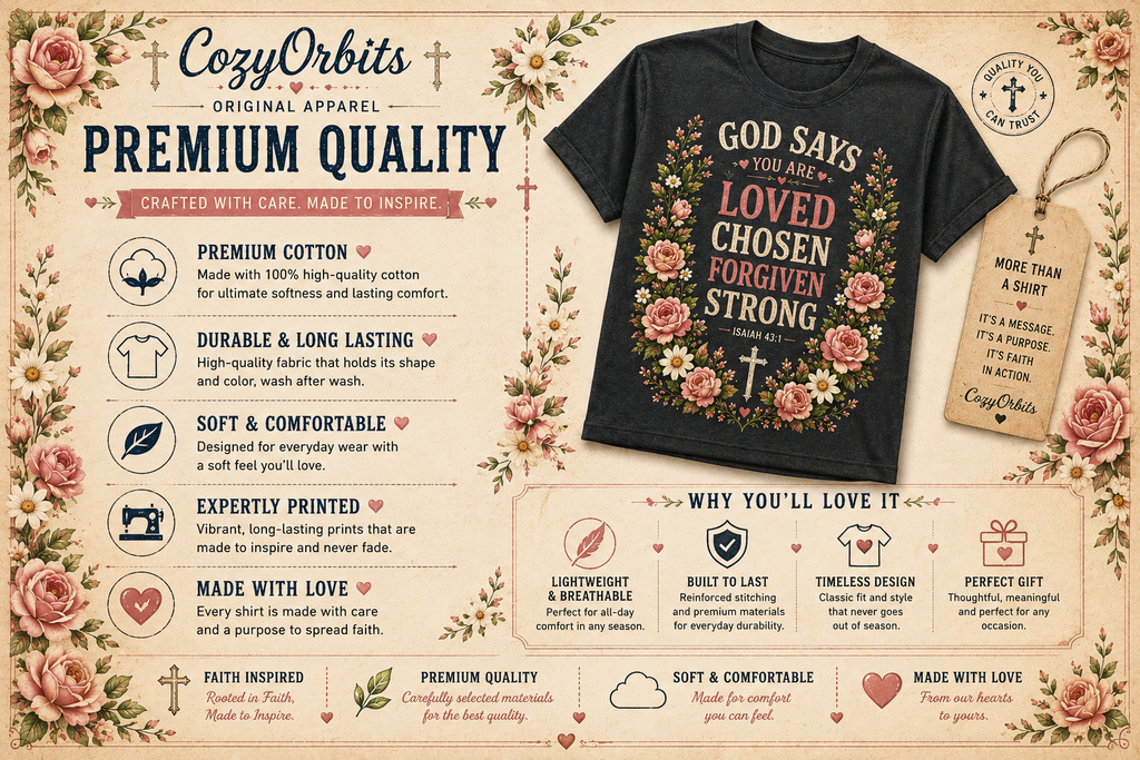 God Says You Are Loved Chosen Forgiven Strong Shirt | Isaiah 43:1 Christian Floral T-Shirt for Women | Faith Inspired Graphic Tee