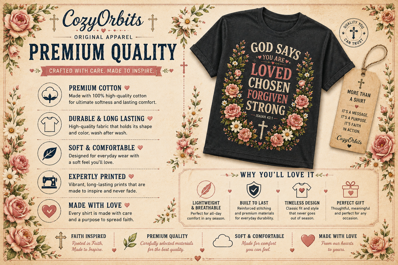 God Says You Are Loved Chosen Forgiven Strong Shirt | Isaiah 43:1 Christian Floral T-Shirt for Women | Faith Inspired Graphic Tee