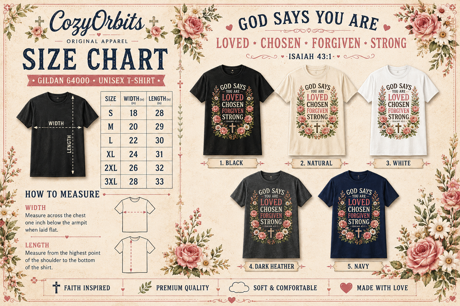 God Says You Are Loved Chosen Forgiven Strong Shirt | Isaiah 43:1 Christian Floral T-Shirt for Women | Faith Inspired Graphic Tee