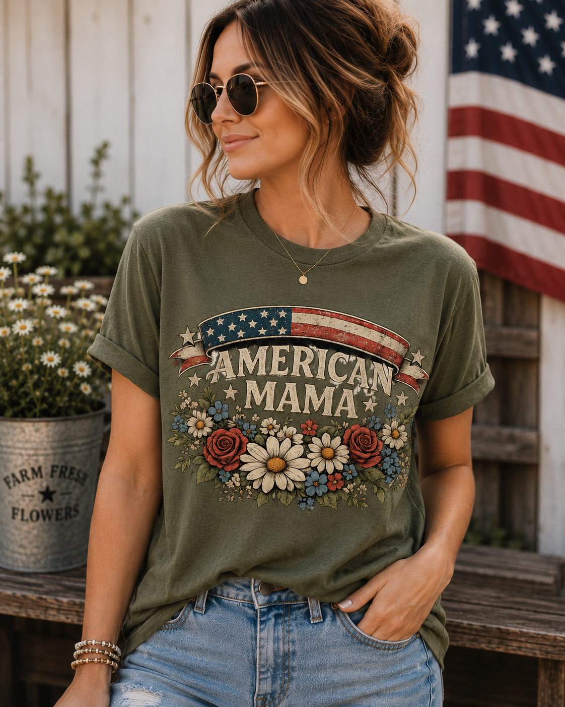 American Mama Shirt | Patriotic Floral USA Flag T-Shirt for Women | Vintage Americana Tee