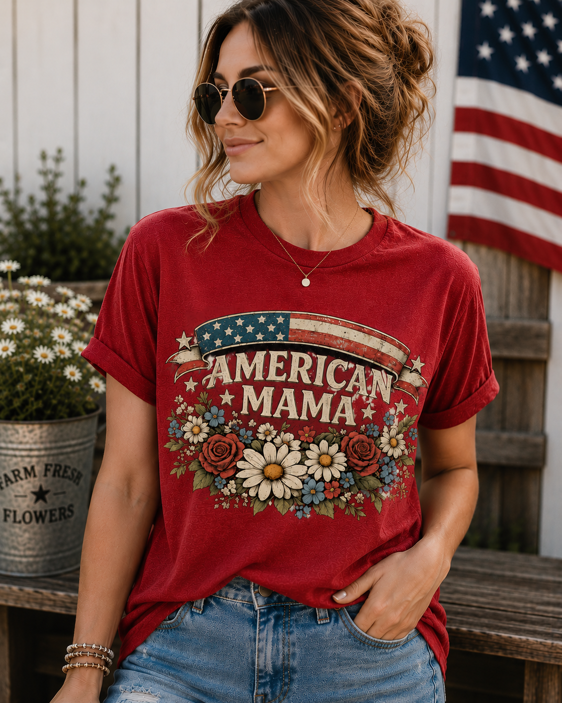 American Mama Shirt | Patriotic Floral USA Flag T-Shirt for Women | Vintage Americana Tee