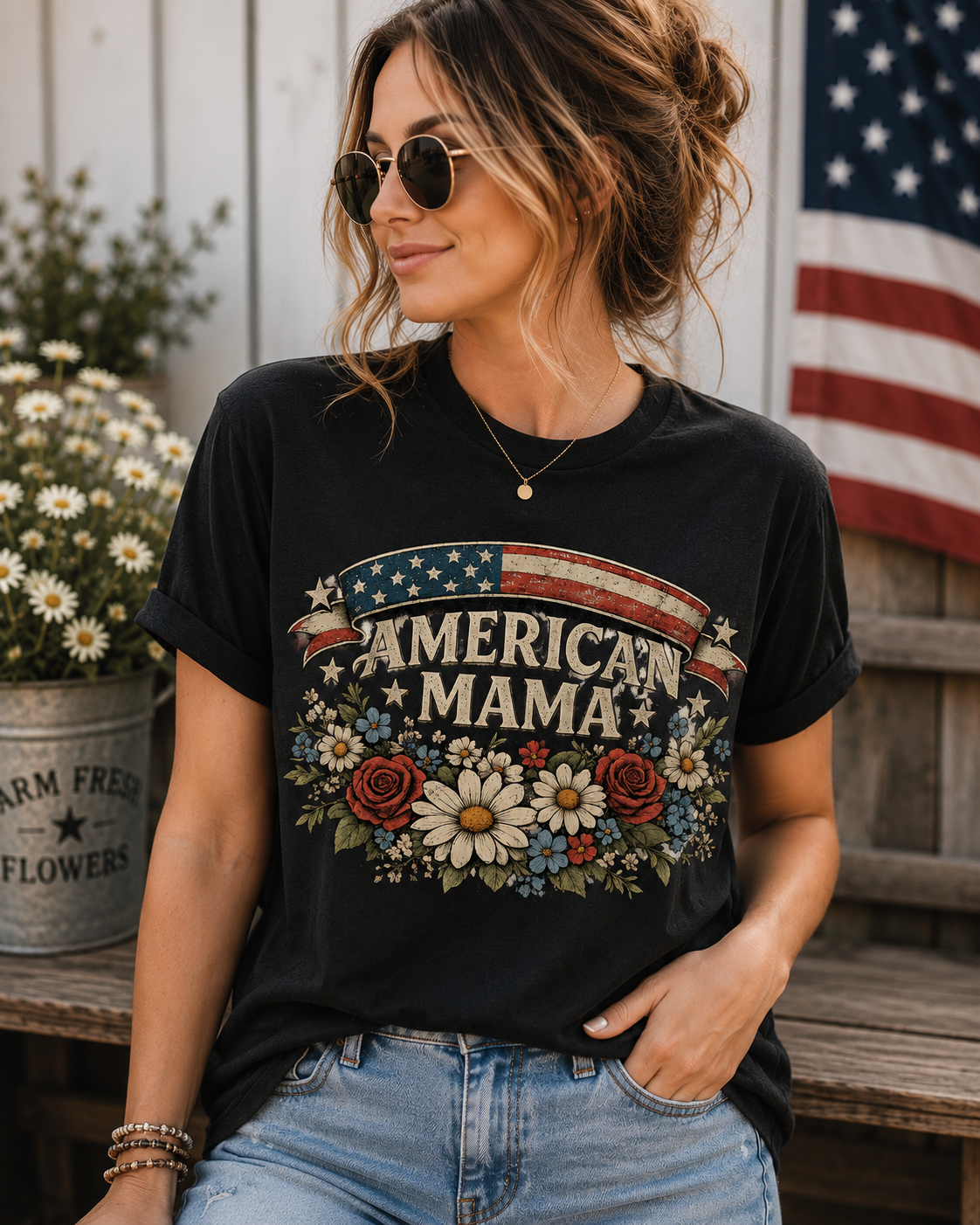 American Mama Shirt | Patriotic Floral USA Flag T-Shirt for Women | Vintage Americana Tee