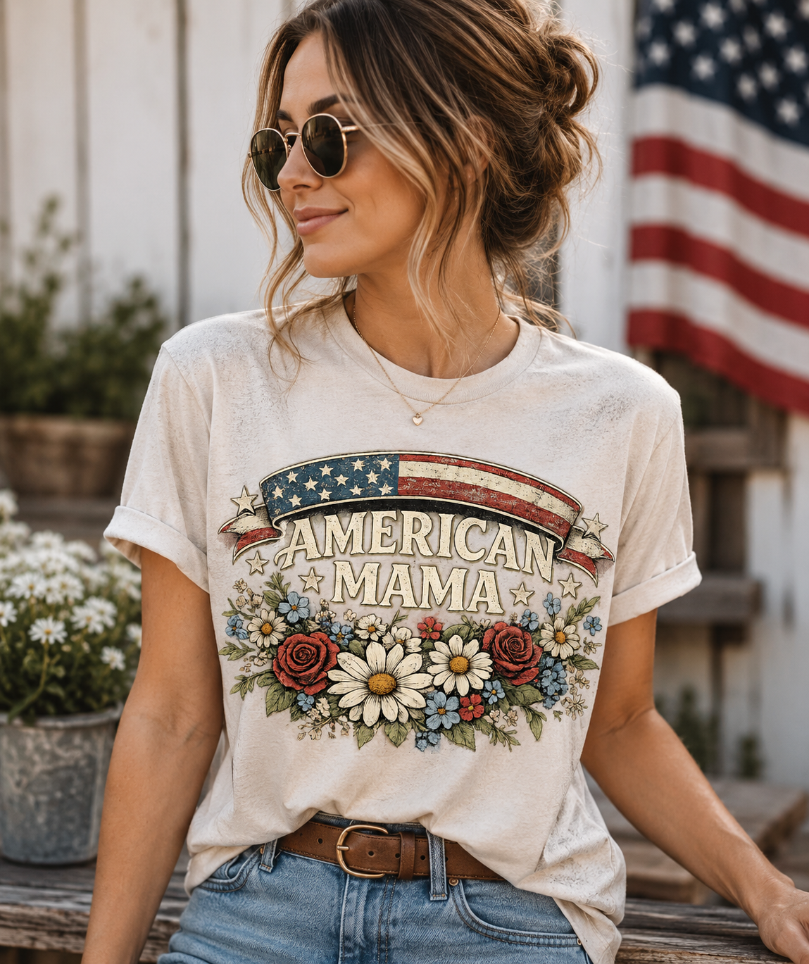 American Mama Shirt | Patriotic Floral USA Flag T-Shirt for Women | Vintage Americana Tee