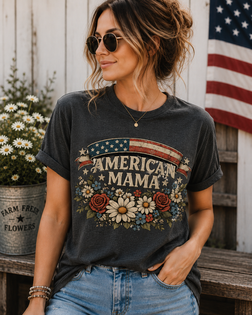 American Mama Shirt | Patriotic Floral USA Flag T-Shirt for Women | Vintage Americana Tee