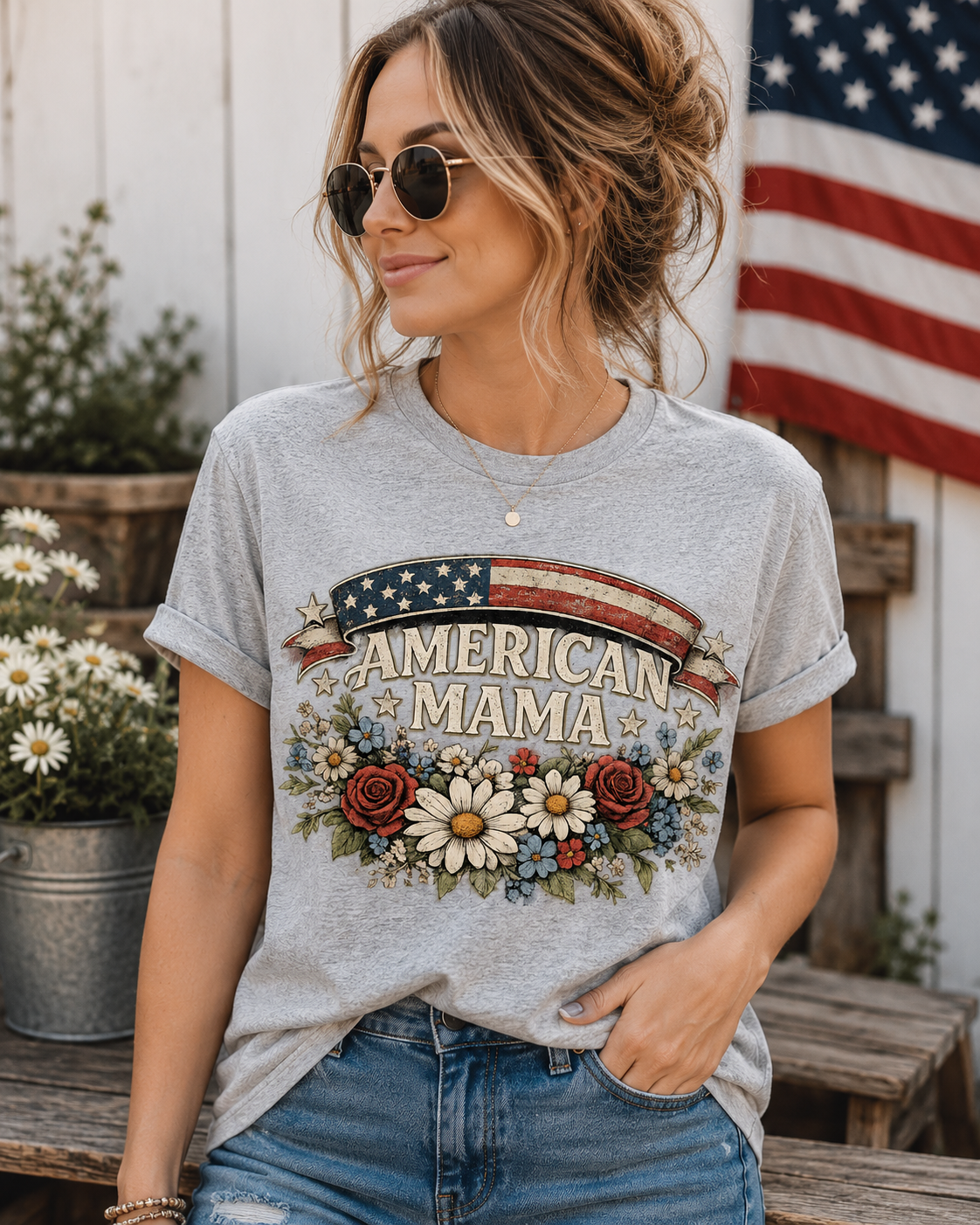 American Mama Shirt | Patriotic Floral USA Flag T-Shirt for Women | Vintage Americana Tee