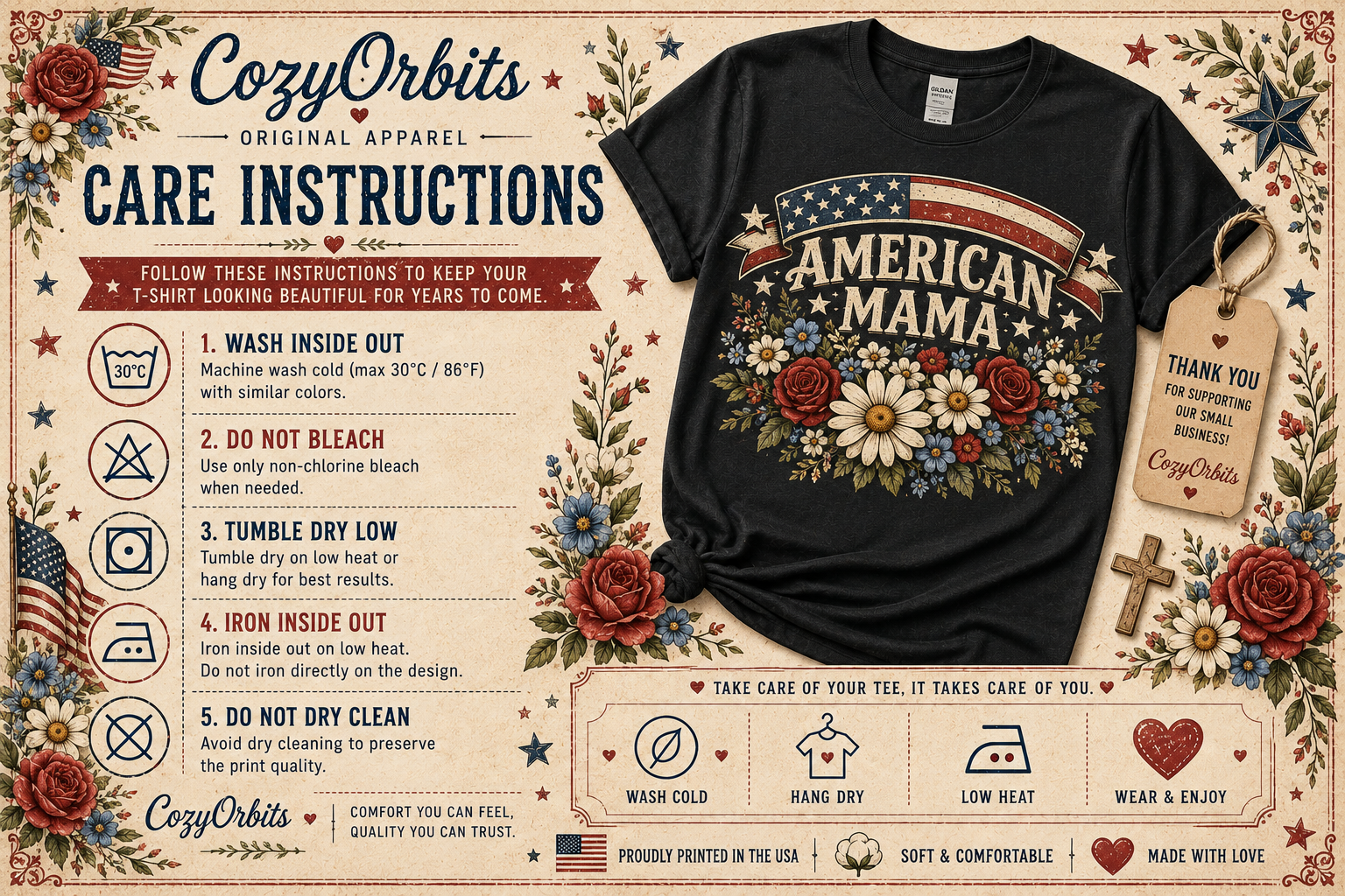 American Mama Shirt | Patriotic Floral USA Flag T-Shirt for Women | Vintage Americana Tee
