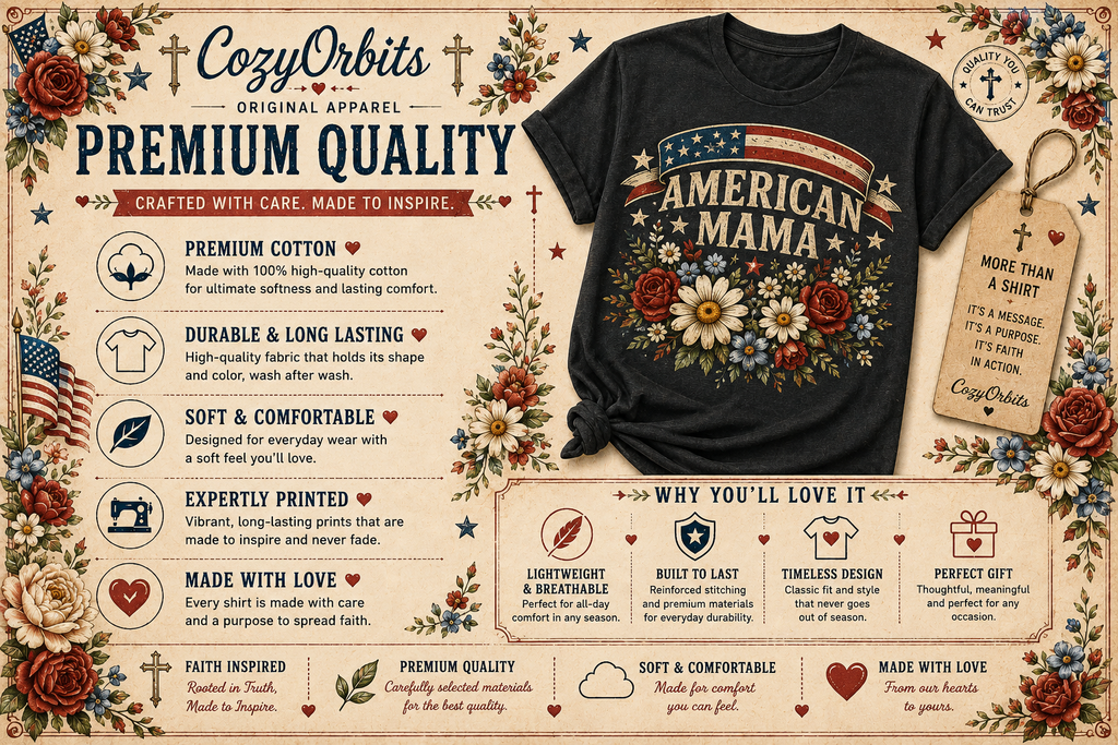 American Mama Shirt | Patriotic Floral USA Flag T-Shirt for Women | Vintage Americana Tee