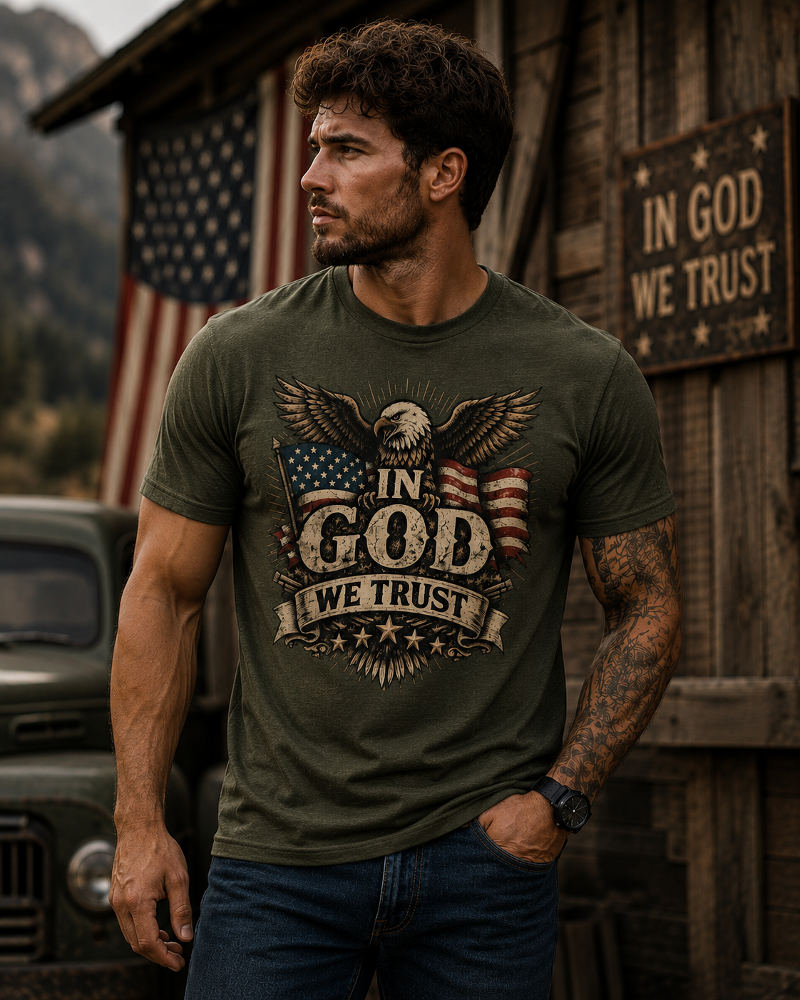 In God We Trust Patriotic Eagle T-Shirt | American Flag Christian Shirt for Men
