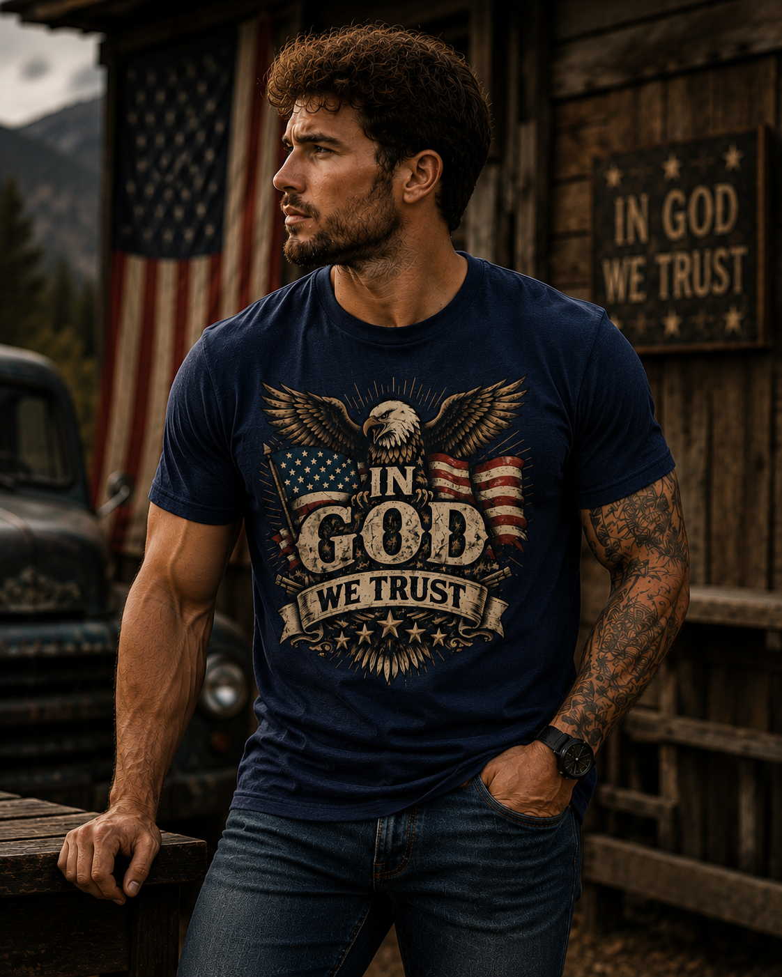 In God We Trust Patriotic Eagle T-Shirt | American Flag Christian Shirt for Men