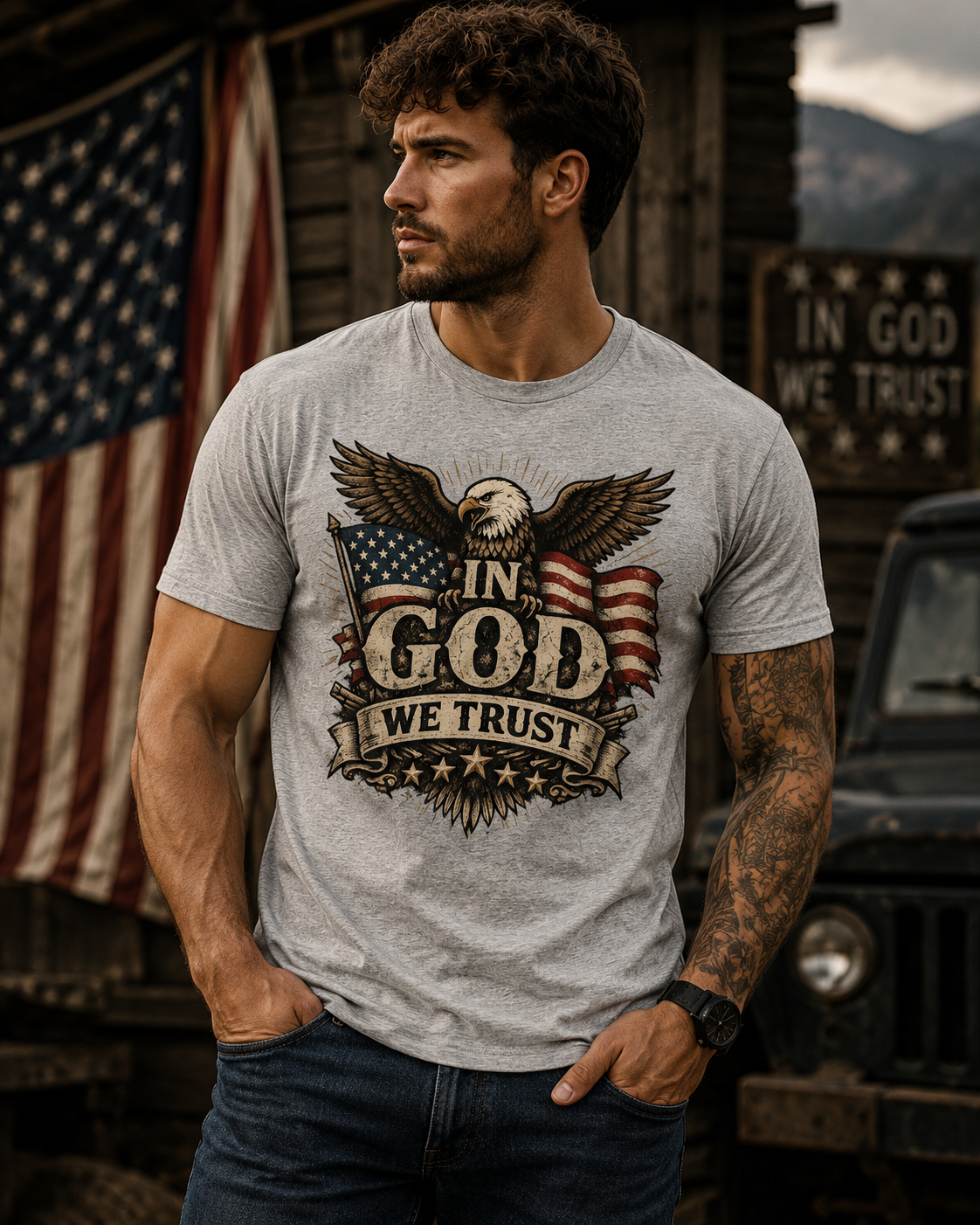 In God We Trust Patriotic Eagle T-Shirt | American Flag Christian Shirt for Men