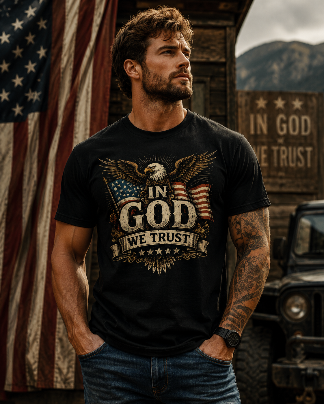 In God We Trust Patriotic Eagle T-Shirt | American Flag Christian Shirt for Men