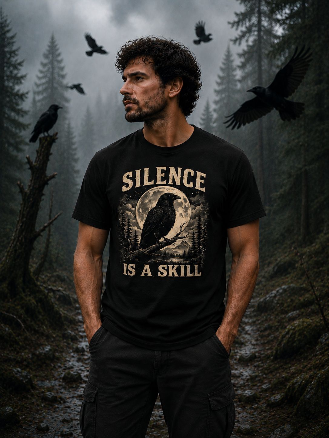 Silence Is A Skill Raven T-Shirt – Vintage Crow & Moon Graphic Tee for Nature Lovers