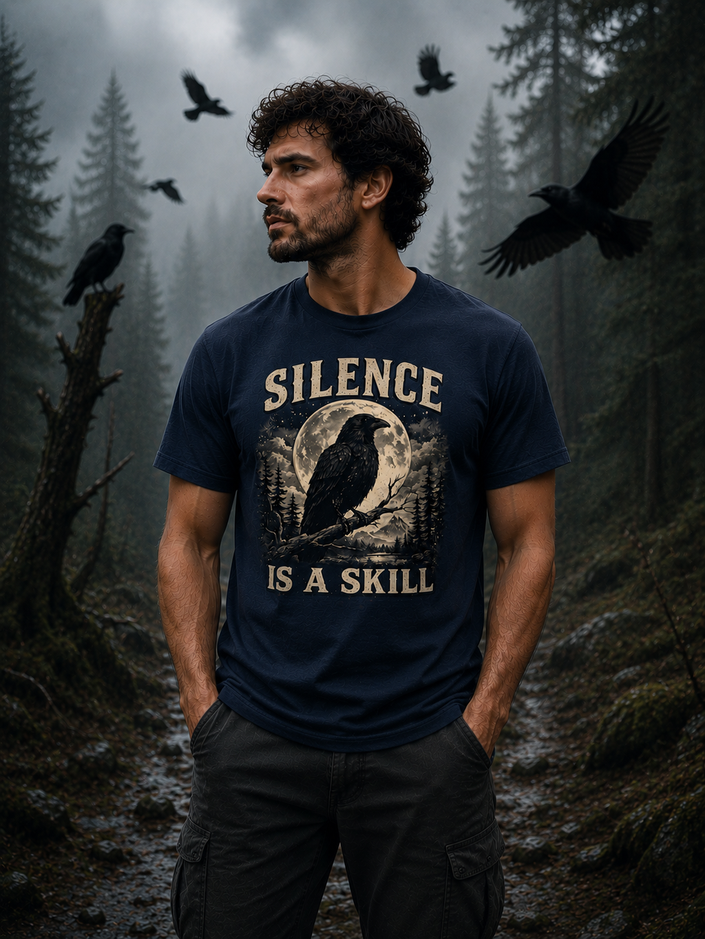 Silence Is A Skill Raven T-Shirt – Vintage Crow & Moon Graphic Tee for Nature Lovers