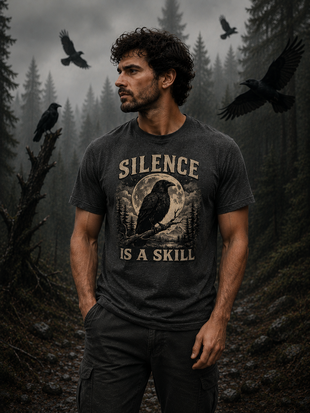 Silence Is A Skill Raven T-Shirt – Vintage Crow & Moon Graphic Tee for Nature Lovers