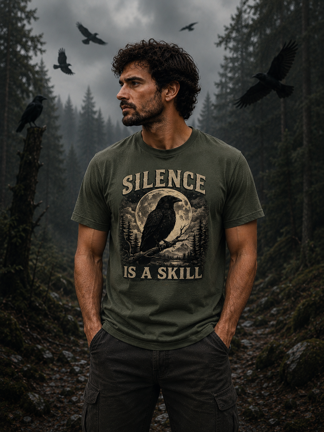 Silence Is A Skill Raven T-Shirt – Vintage Crow & Moon Graphic Tee for Nature Lovers