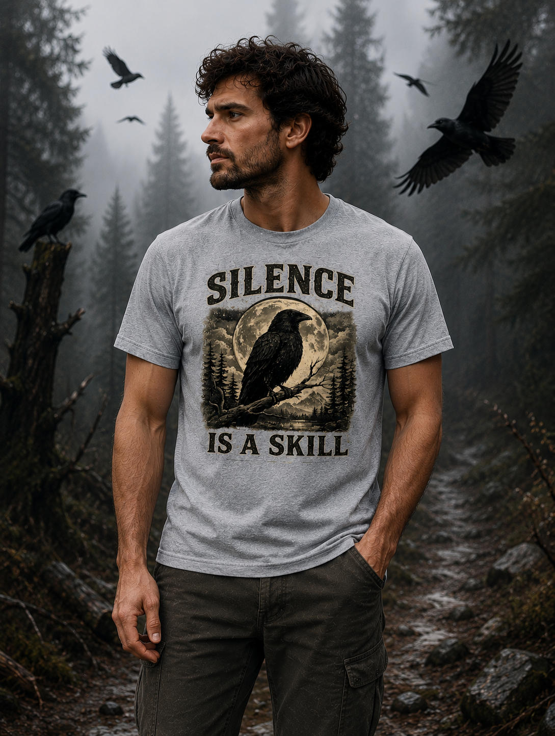 Silence Is A Skill Raven T-Shirt – Vintage Crow & Moon Graphic Tee for Nature Lovers