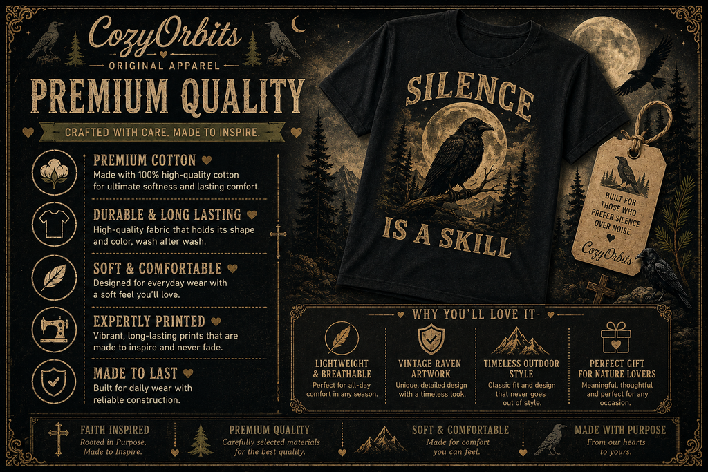 Silence Is A Skill Raven T-Shirt – Vintage Crow & Moon Graphic Tee for Nature Lovers
