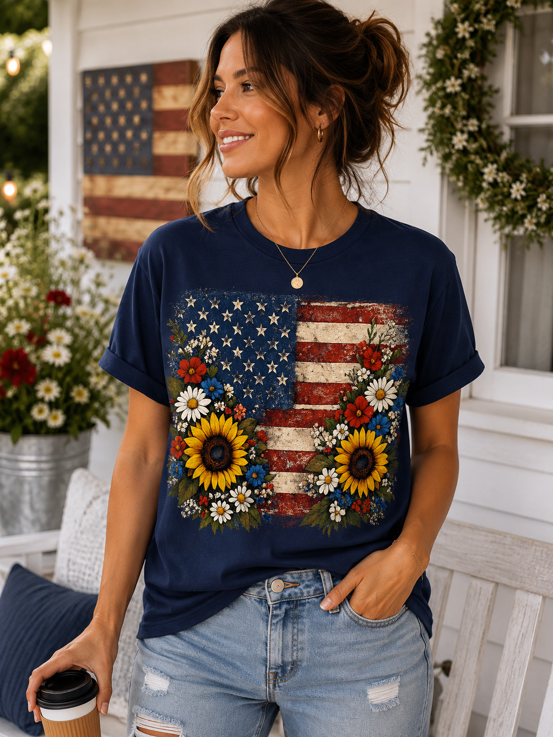 Floral American Flag T-Shirt for Women | Patriotic Sunflower Graphic Tee